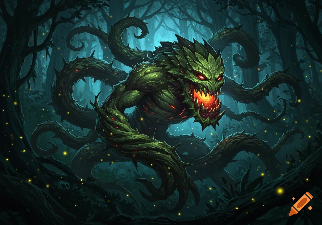 A vicious fantasy monster made of thorny green vines and leaves, with glowing red eyes and a fiery mouth, lurks in a dark forest.