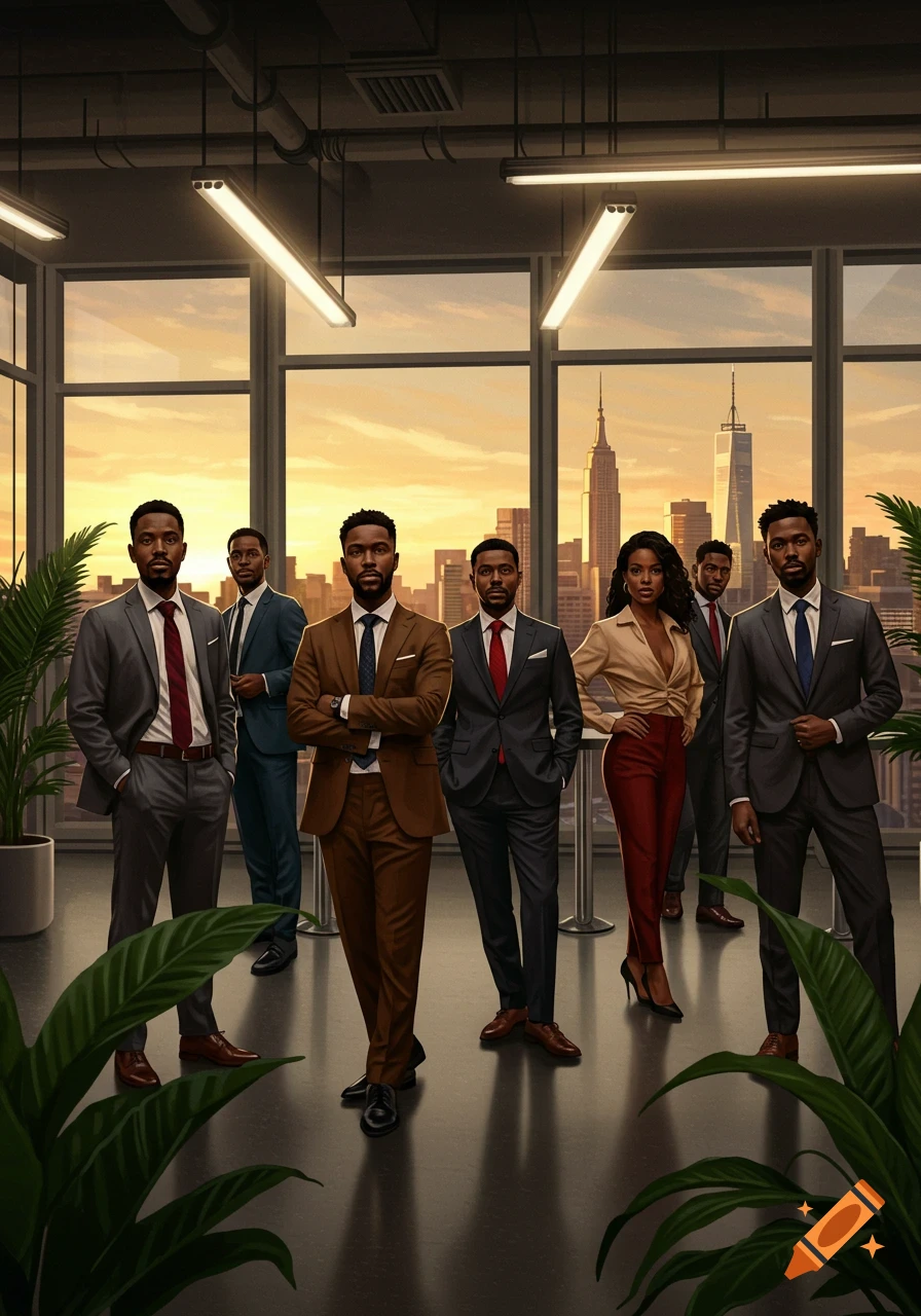 Six Black business professionals stand in a modern office overlooking a city skyline at sunset, photorealistic.