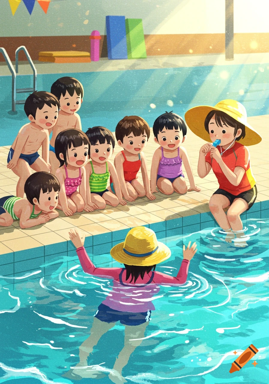 Cartoon illustration of children in swimsuits listening to a swimming instructor at the edge of a bright pool, with another adult in the water.