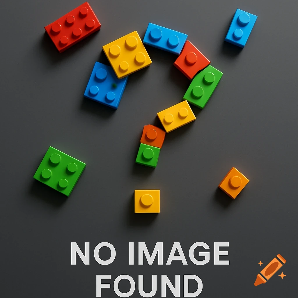 Colorful Lego bricks, some forming a question mark, on a dark grey surface with 'NO IMAGE FOUND' text below. Photorealistic.