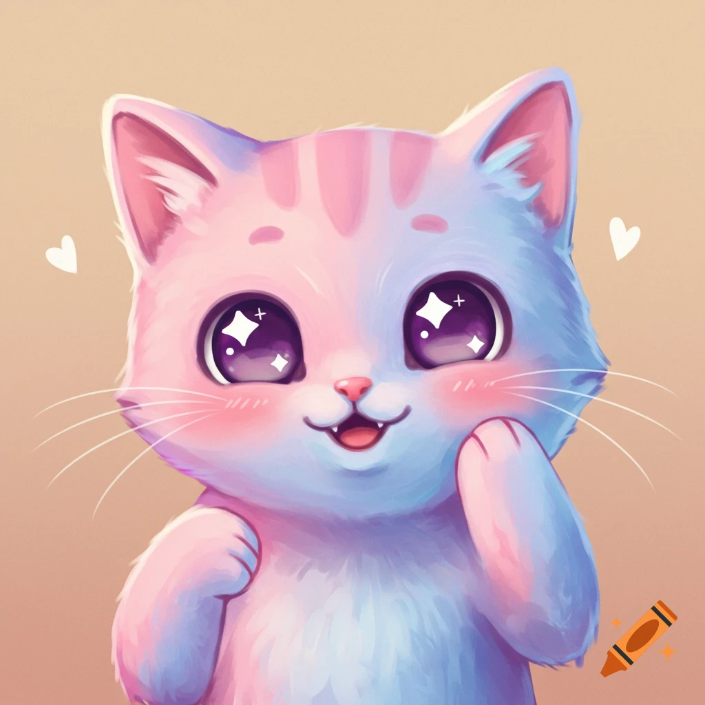 A cute, pastel-colored cartoon cat with large sparkling purple eyes, rosy cheeks, and a happy smile, with small white hearts.