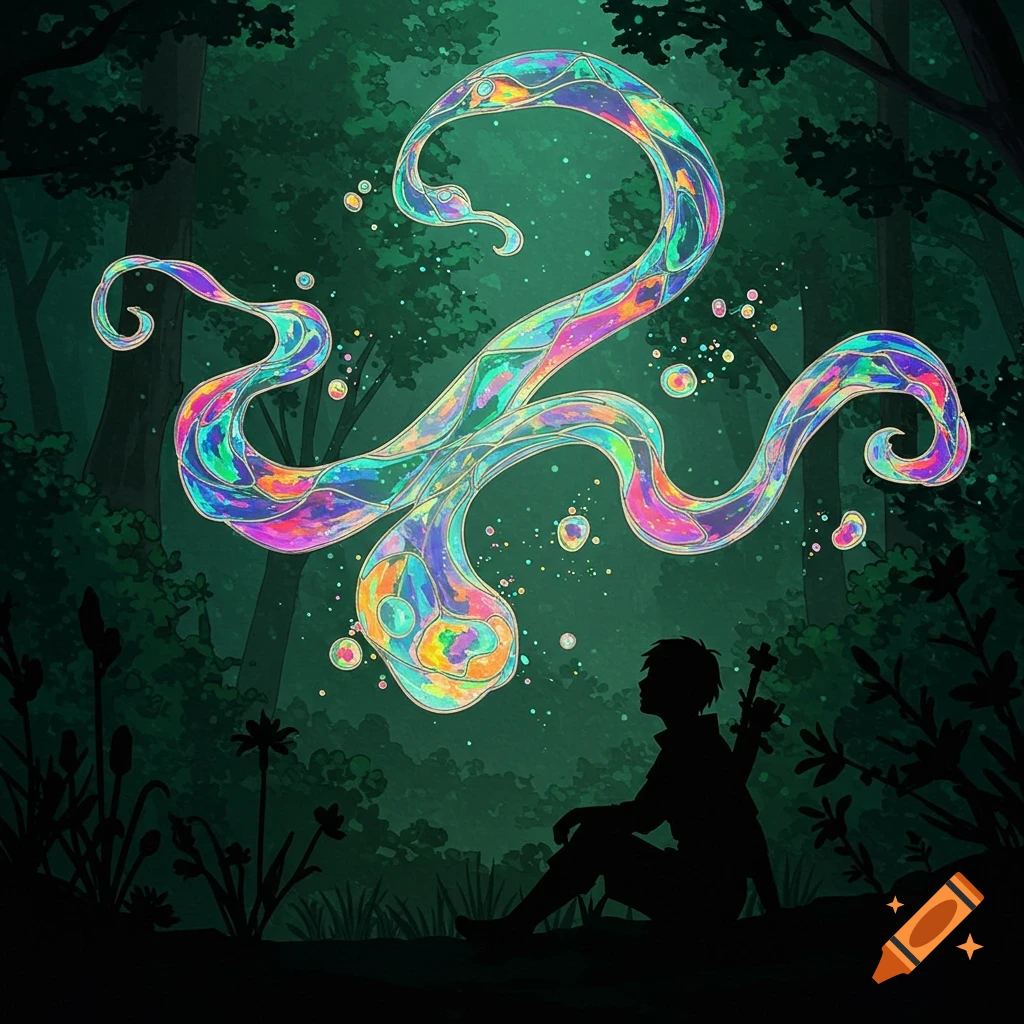 Silhouette of a person in a dark forest watching glowing, iridescent, stained glass magical currents. Fantasy art.