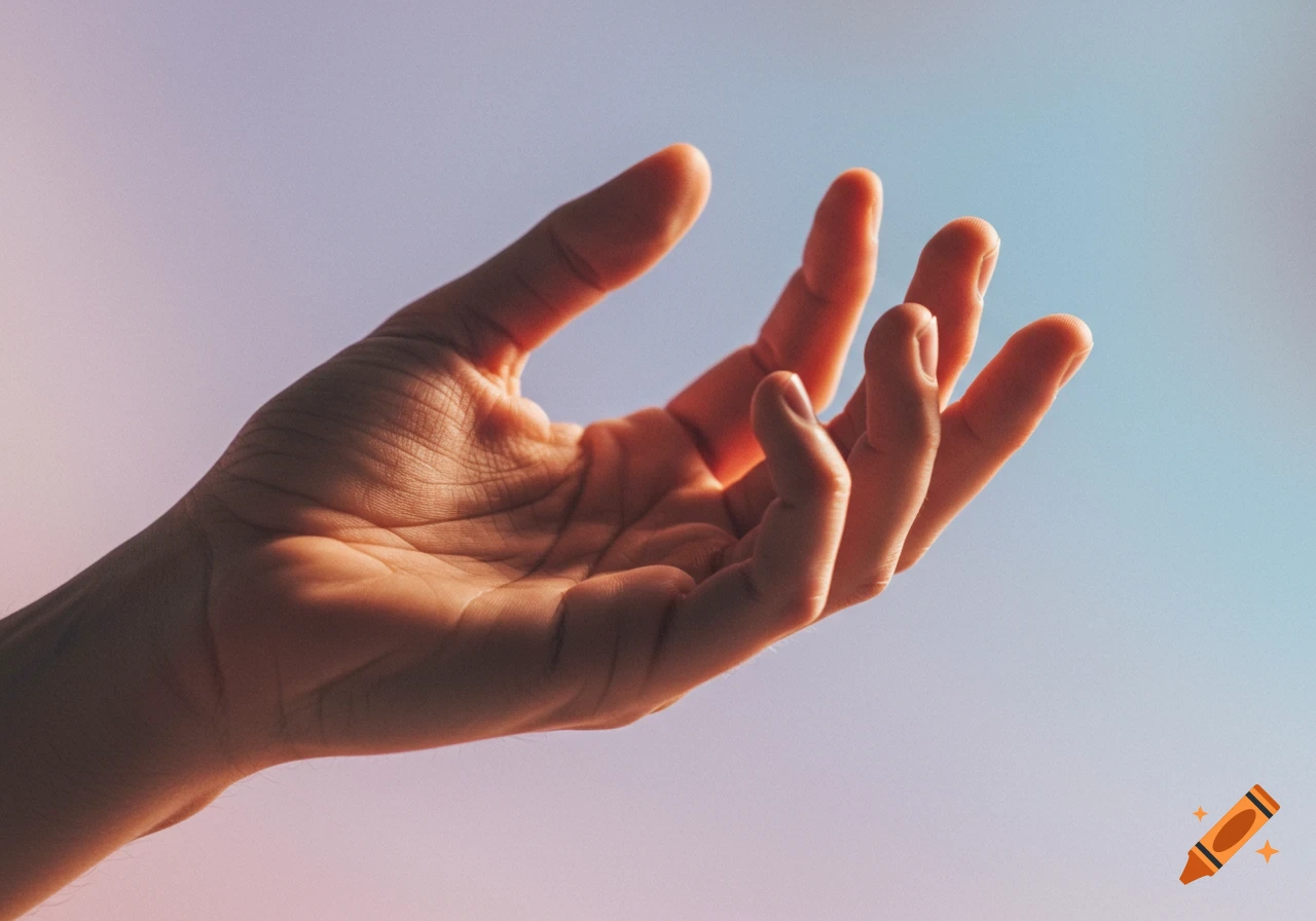 A close-up of an outstretched hand reaching upwards, silhouetted against a soft gradient sky of purple and blue.