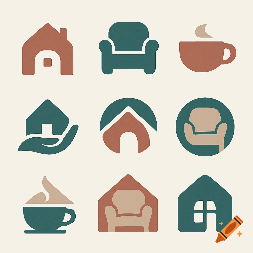 A grid of nine minimalist logos in teal, terracotta, and beige, depicting houses, armchairs, and coffee cups on a light background.