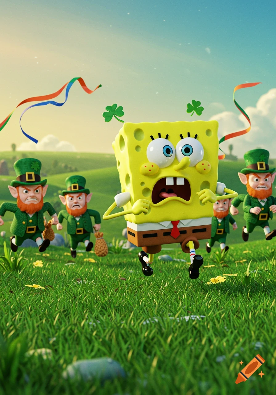 Scared Spongebob runs across a vibrant green field dotted with clovers, chased by angry leprechauns, in a 3D animated style.