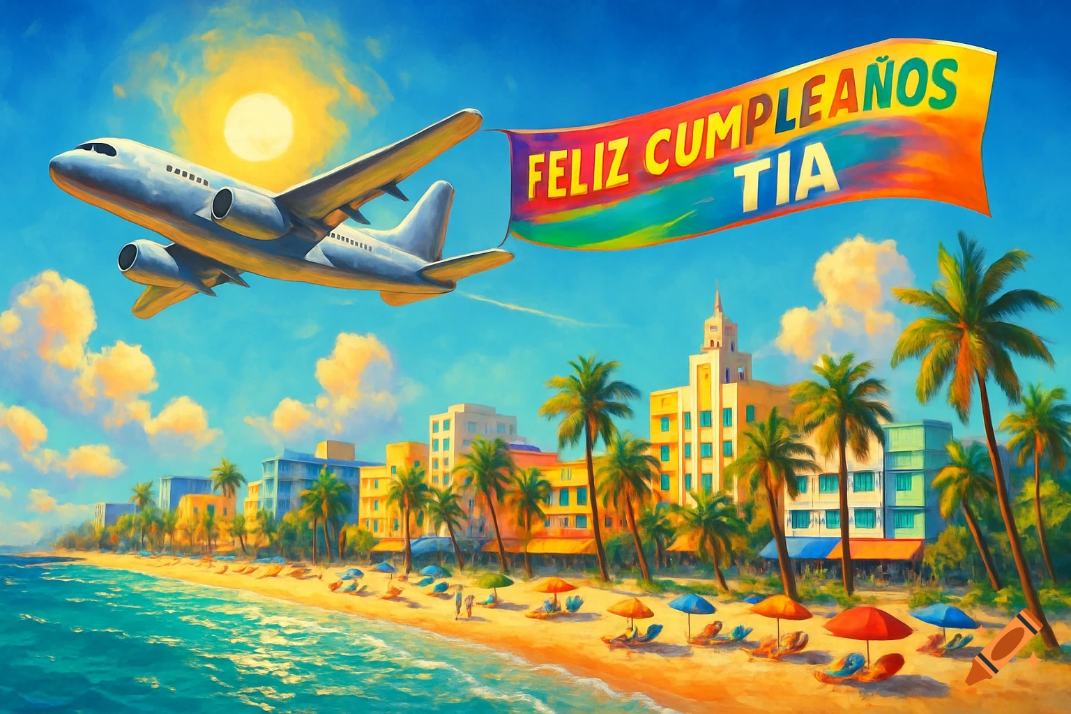 A vibrant digital painting of an airplane flying a "Feliz Cumpleaños T ia" banner over a tropical beach with palm trees and colorful buildings.