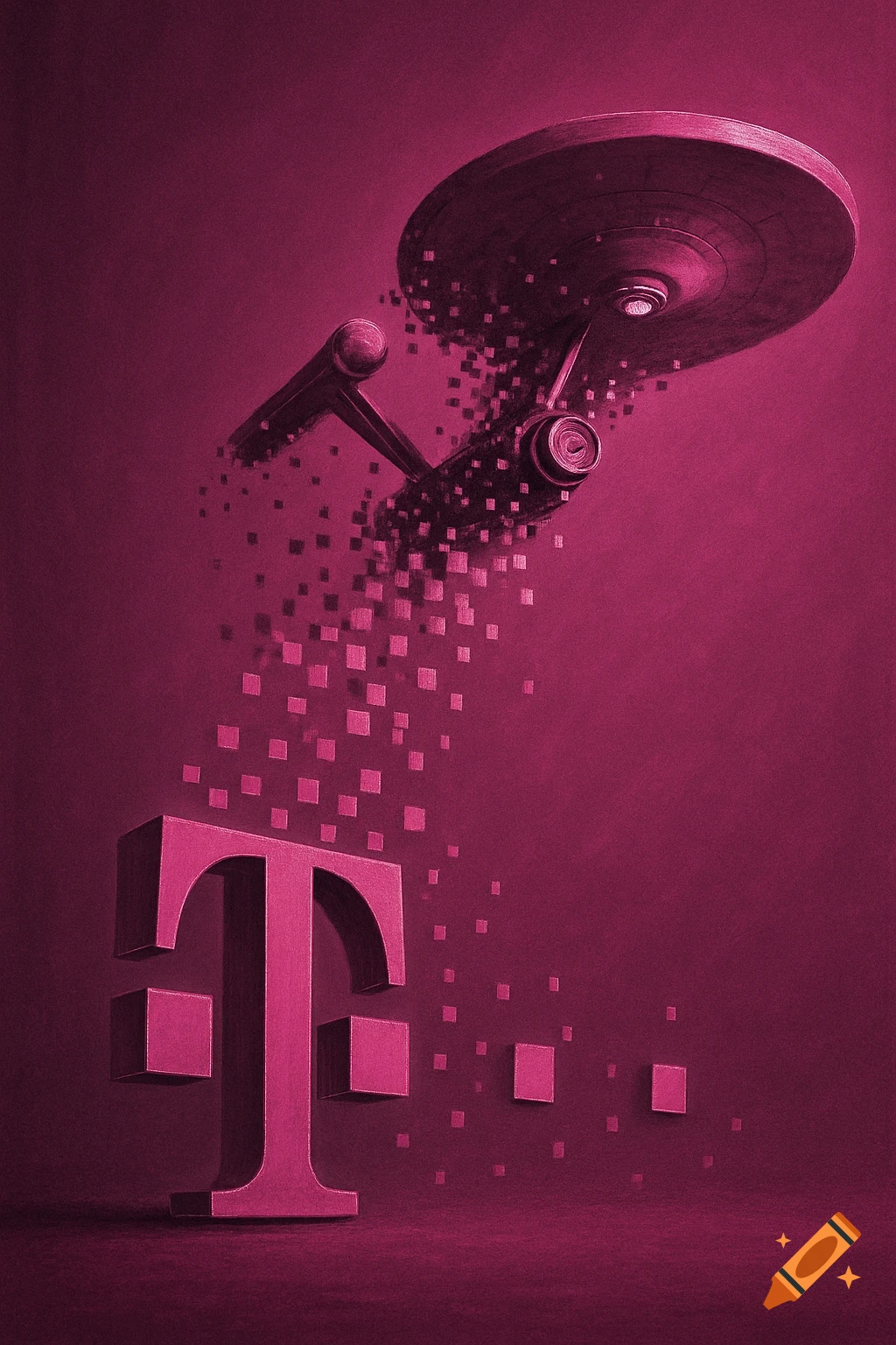 A magenta image shows a three-dimensional 'T' logo dissolving into square pixels, which then form the Starship Enterprise from Star Trek.