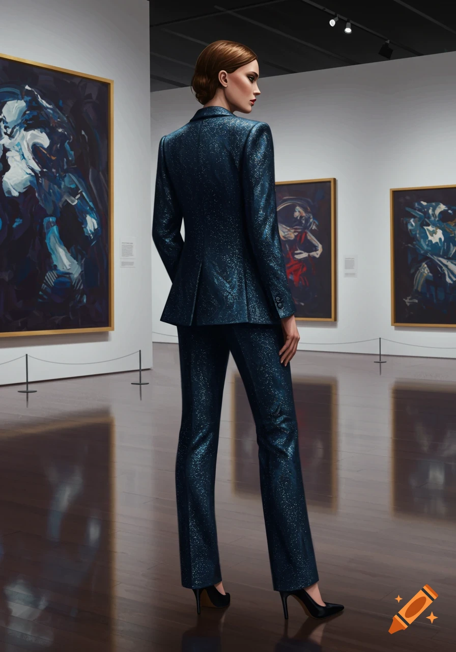 Woman in a shimmery dark blue suit from behind, viewing abstract paintings in a modern art gallery. Photorealistic.