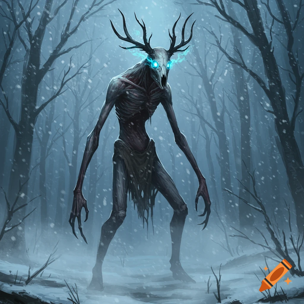 A gaunt, skeletal creature with deer antlers and glowing blue eyes stands in a snowy, desolate forest at night.
