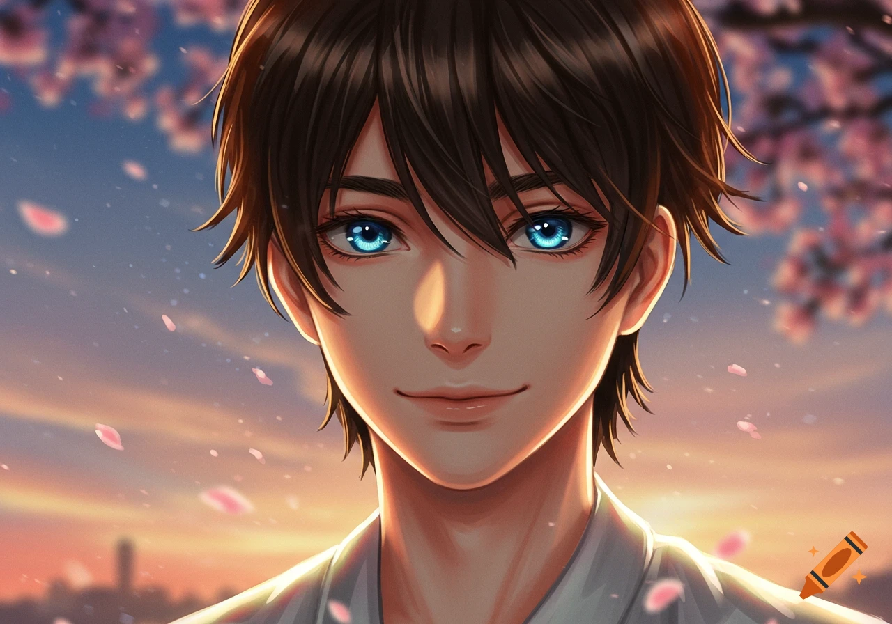 Close-up anime portrait of a smiling boy with dark brown hair and bright blue eyes, with cherry blossoms and a sunset in the background.