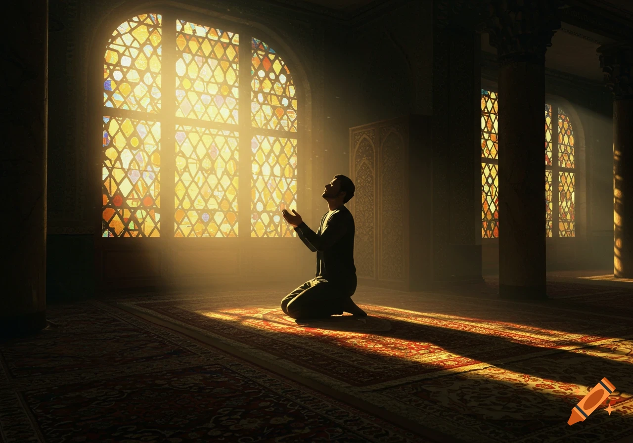 A man kneels in prayer on a patterned rug, with golden light streaming through large, ornate stained-glass windows.