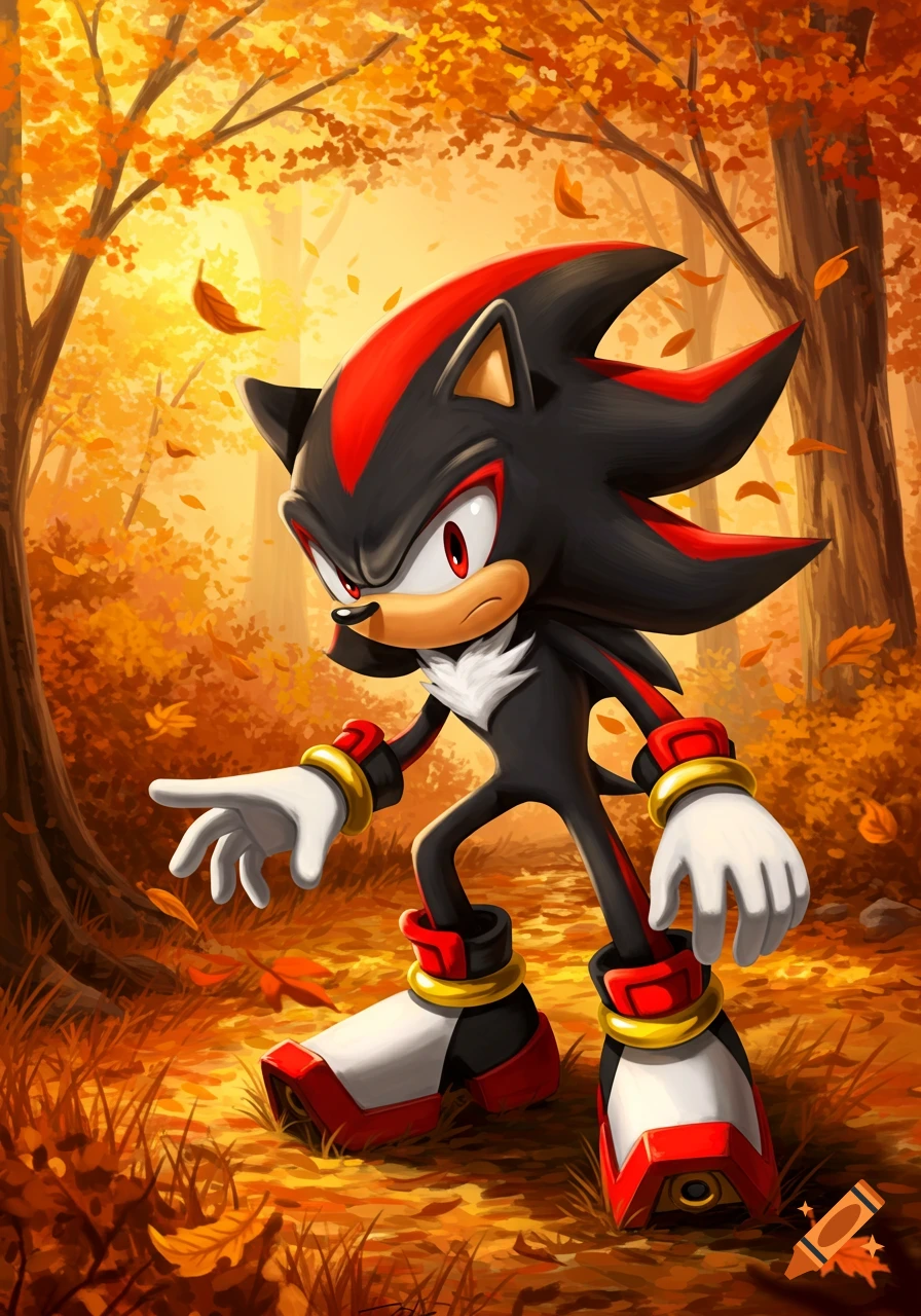 Shadow the Hedgehog stands in a vibrant autumn forest with orange and yellow leaves on the trees and ground.