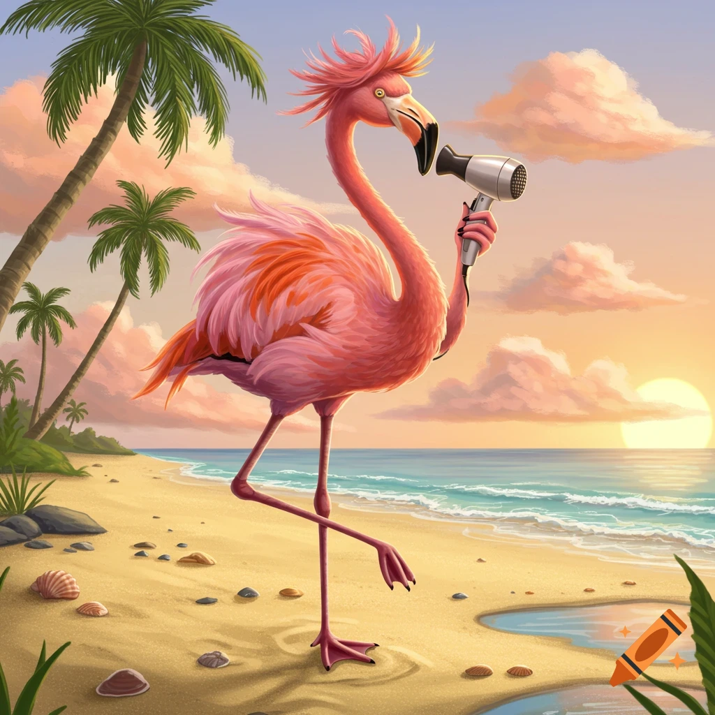 Vibrant cartoon flamingo with spiky pink hair blow-drying itself on a tropical beach at sunset.