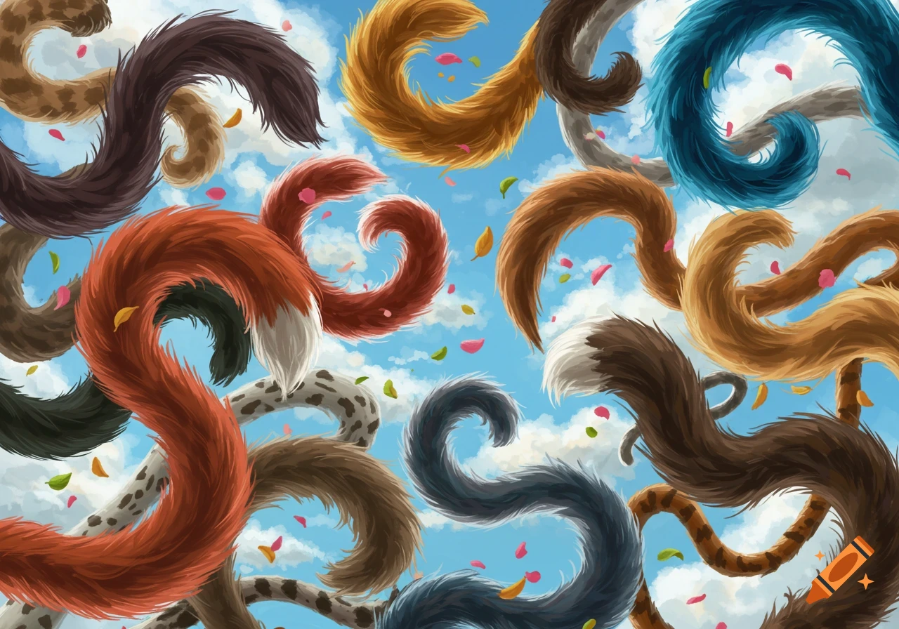 Many colorful, fluffy animal tails swirl through a whimsical blue sky with clouds and falling petals.