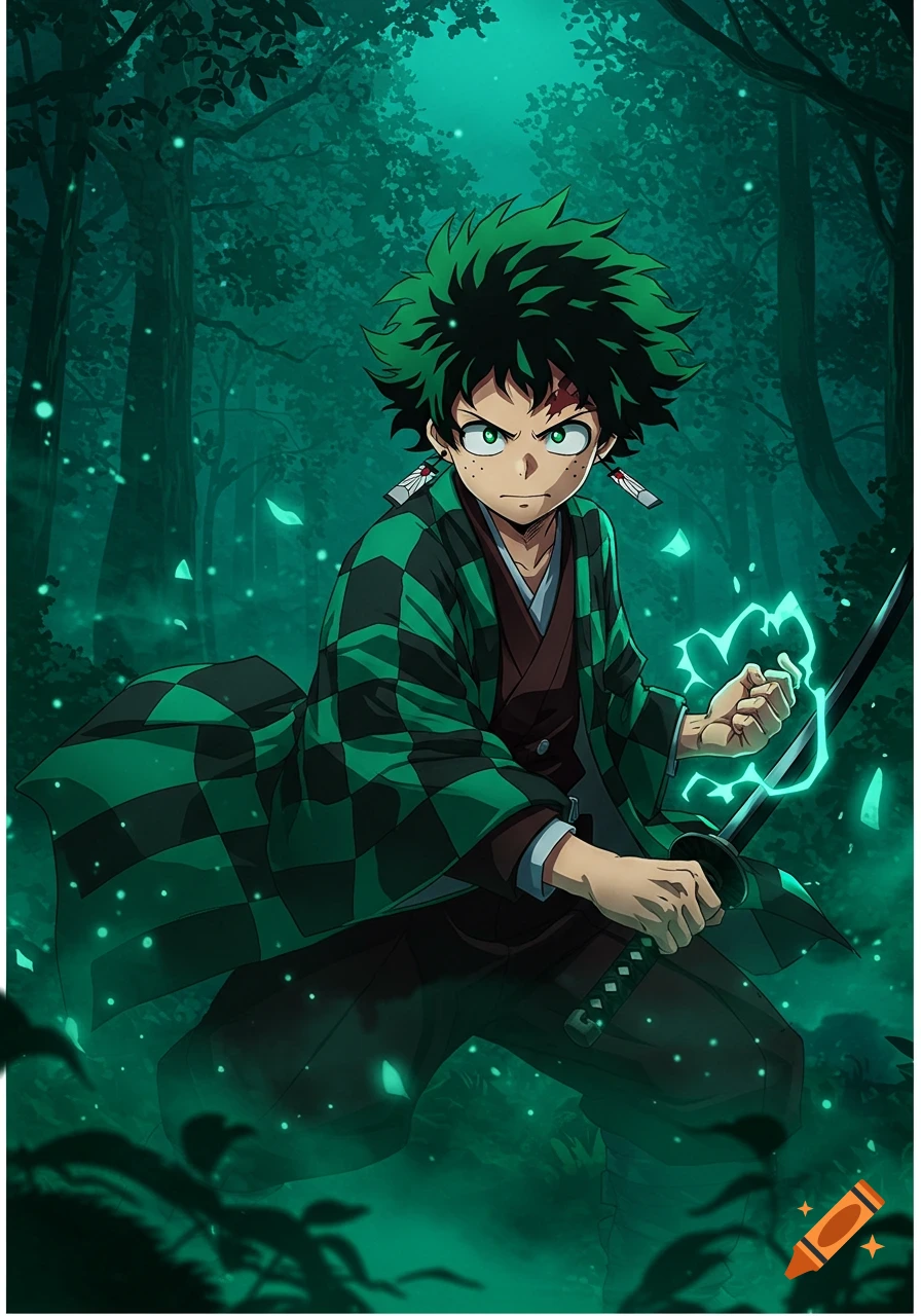An anime character with green hair and a checkered haori holds a glowing sword in a dark, mystical forest.