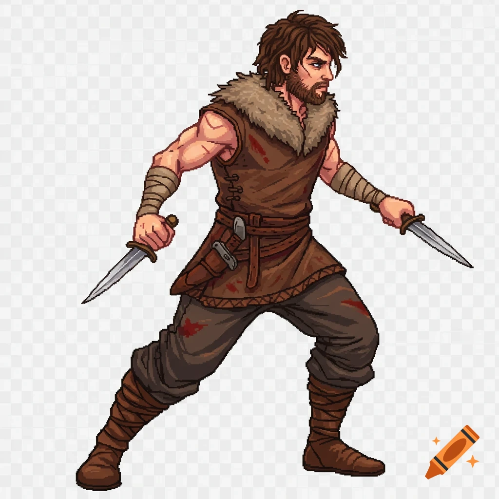 Pixel art of a male Viking-inspired warrior with a beard and fur collar, holding two daggers, in a neutral stance on a transparent background.