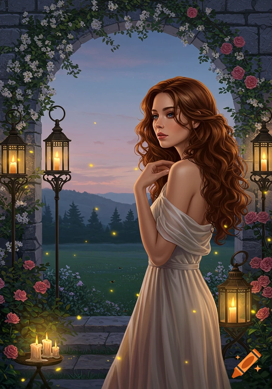 A woman with long, wavy reddish-brown hair in a white off-shoulder dress stands in a stone archway adorned with roses and vines, illuminated by lanterns and fireflies at dusk.