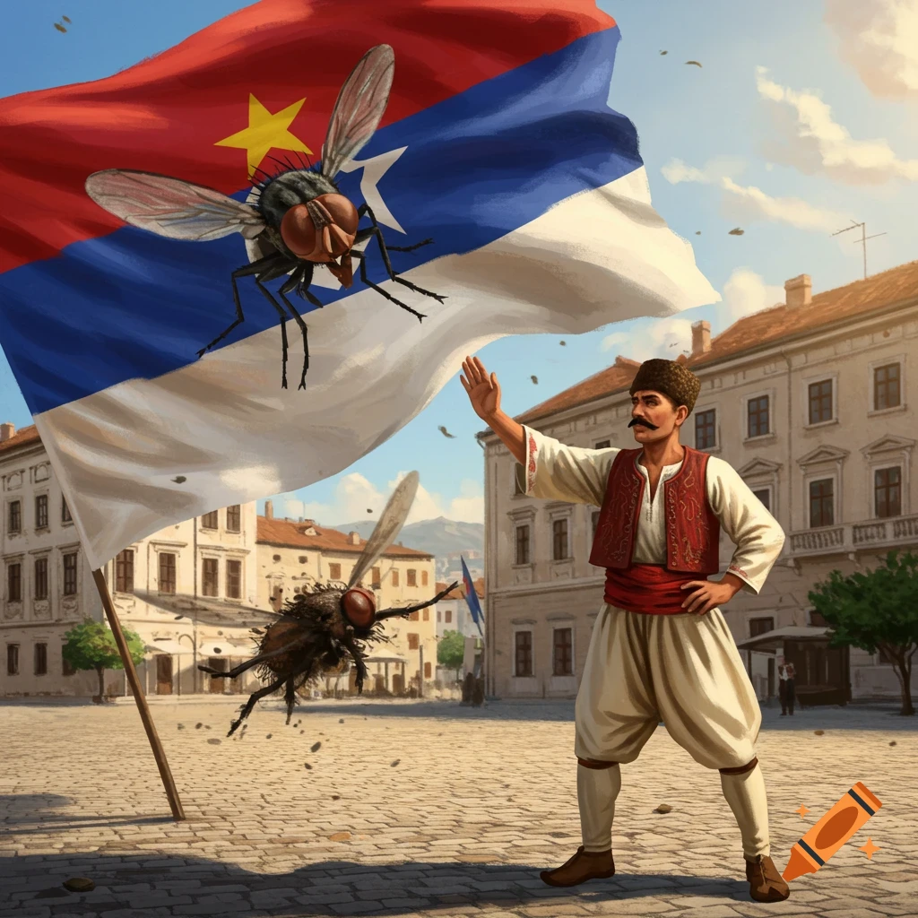 Man in traditional attire swats at giant flies on a Yugoslavian flag in a plaza, in a painted style.