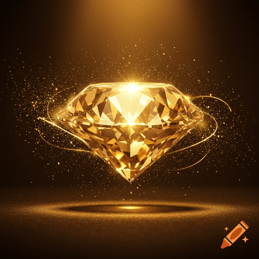 A brilliant gold diamond floats on a dark background, surrounded by glittering dust and light trails.