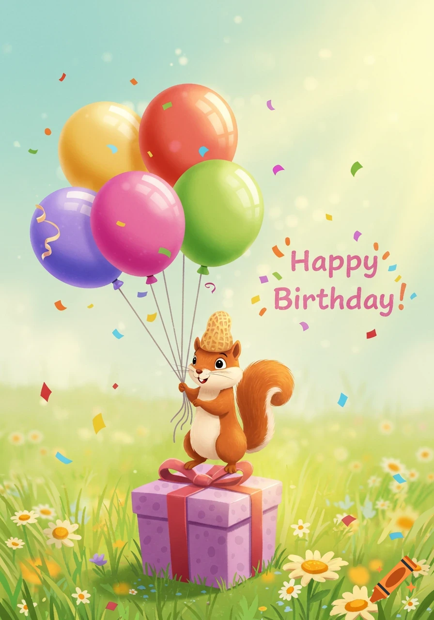 A cute illustrated squirrel wearing a peanut hat, holding colorful balloons while standing on a gift box in a flower field with 'Happy Birthday!' text.