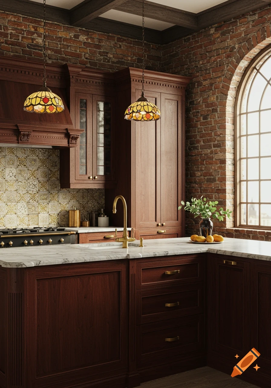 A modern kitchen with dark wood cabinets, marble countertops, brick walls, and decorative pendant lights.