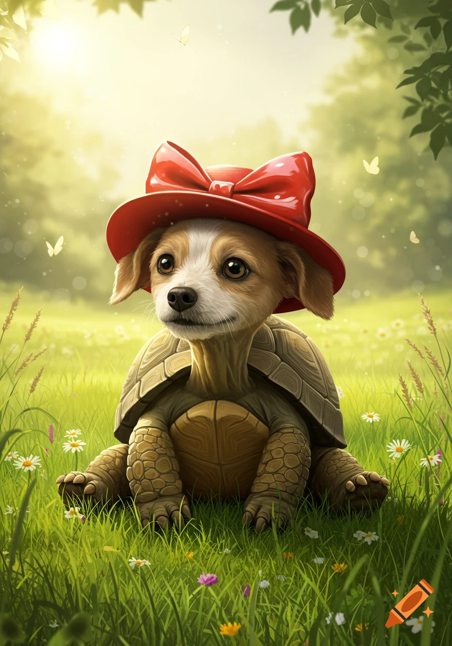 A cute dog-turtle hybrid wearing a red bow hat sits in a sunlit grassy field with flowers and butterflies.