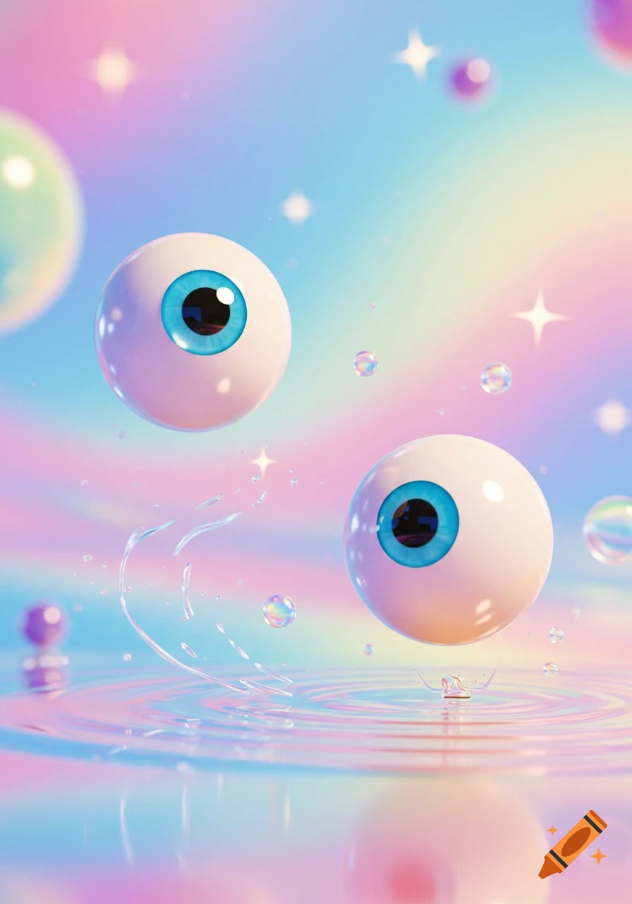 Two whimsical cartoon eyeballs with blue irises bounce on pastel rainbow water, creating splashes, amidst bubbles and stars.