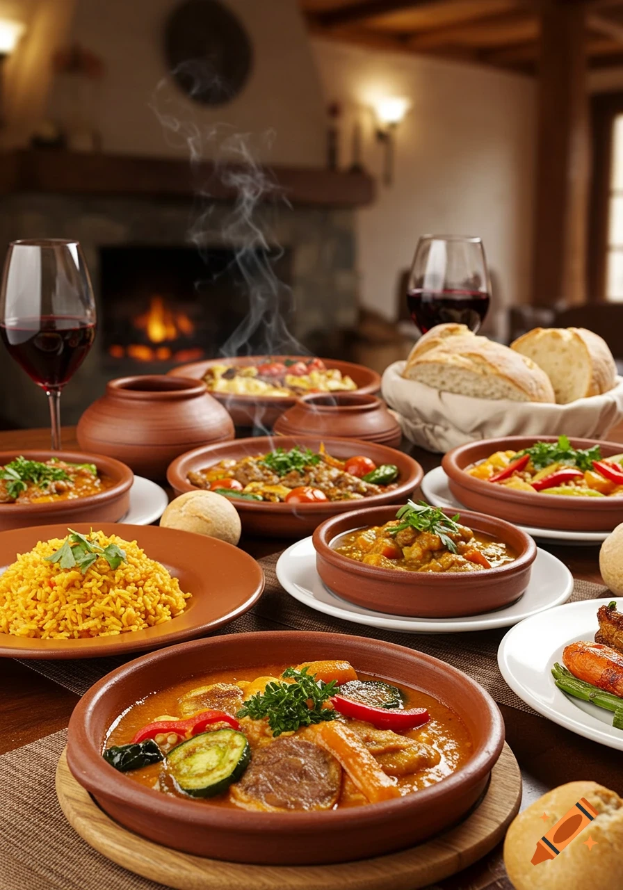 A rustic dining table laden with multiple steaming dishes, rice, bread, and wine glasses, with a cozy fireplace in the background.