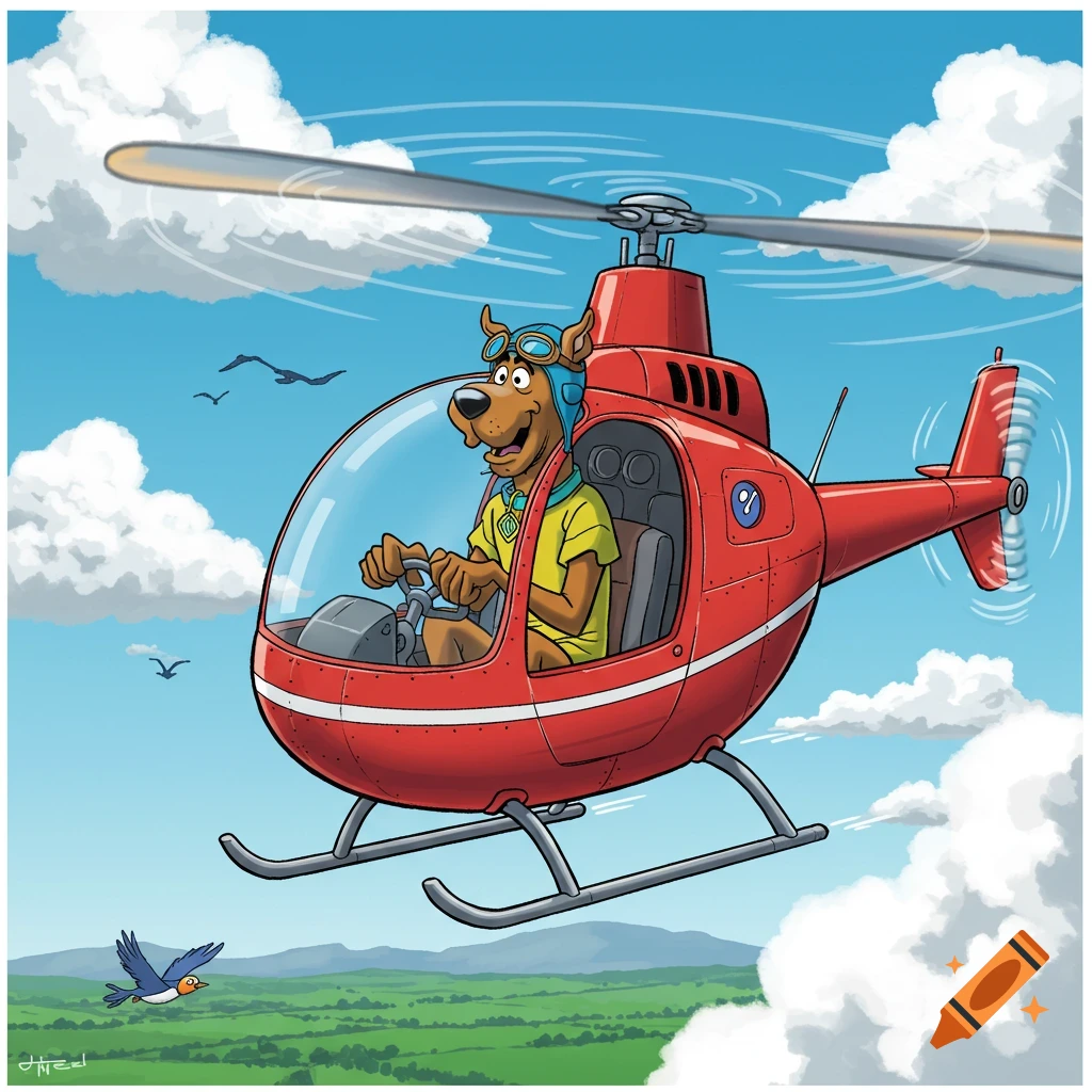 Cartoon Scooby Doo flying a red helicopter, wearing a blue pilot's helmet and goggles, over a green landscape under a cloudy blue sky.