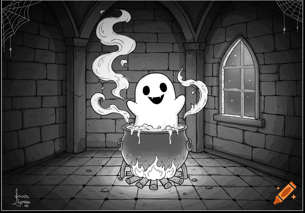 A cute ghost with a wide smile emerges from a bubbling cauldron over a fire in a stone castle room, illustrated in black and white kawaii style.