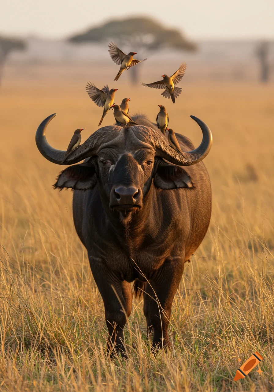 Photorealistic image of an African buffalo with oxpecker birds on its head and back, some flying, in a golden savanna.