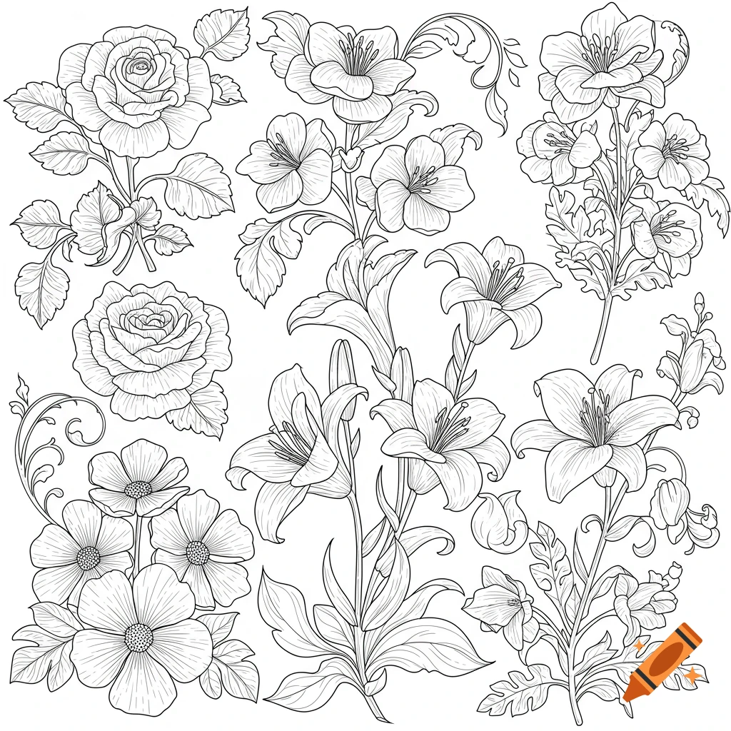 Detailed black and white line art illustration of various flowers and floral motifs, suitable for a coloring book.