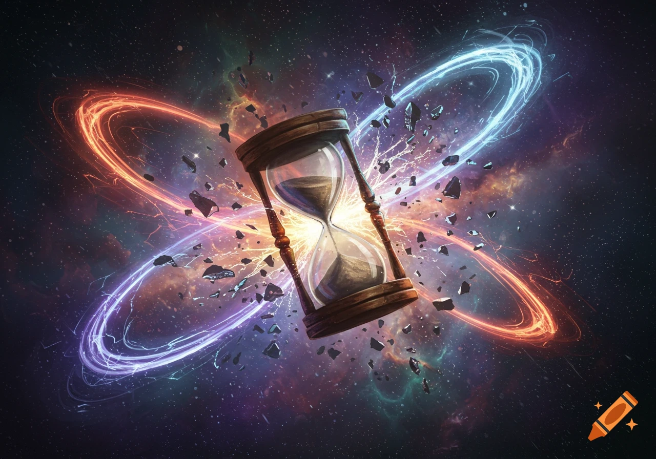 Hourglass breaking in a vibrant cosmic scene with glowing energy rings and debris, fantasy art.