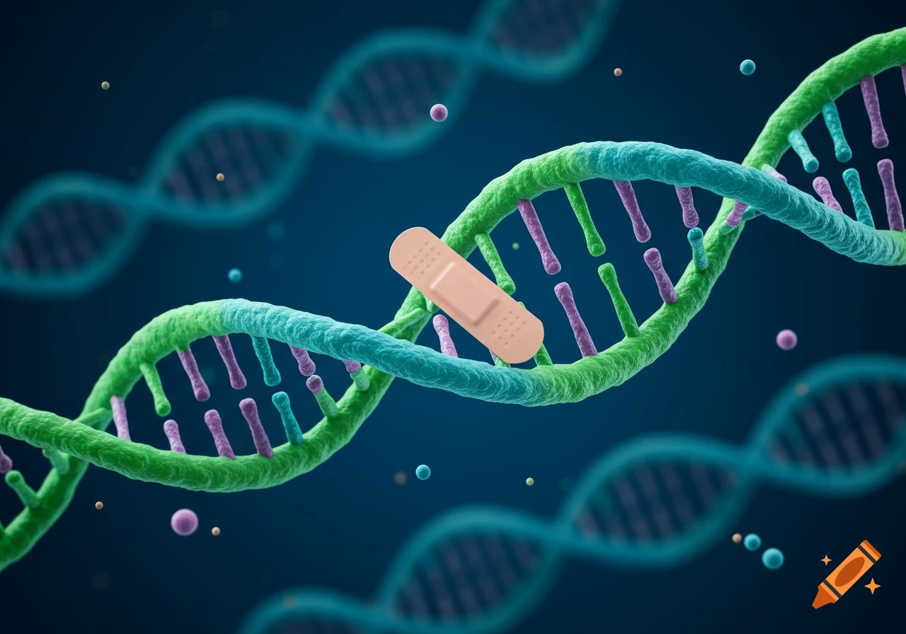 A 3D rendered DNA double helix, green and blue, with a beige bandage wrapped around one segment, on a dark blue background.