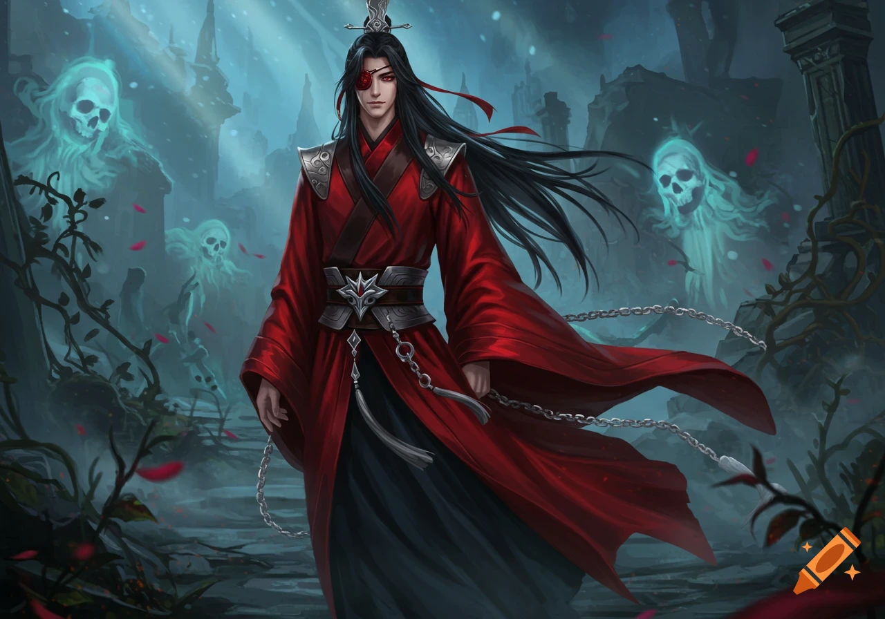 Digital art of a man in red robes and eyepatch, with long black hair, standing in misty ruins with glowing skull ghosts and chains.