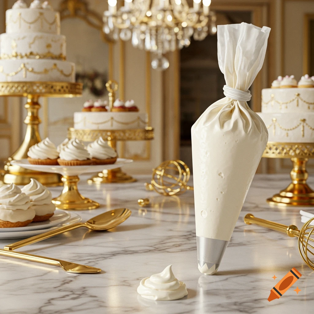 A piping bag filled with cream stands on a marble table with ornate gold utensils, surrounded by elegant cakes and cupcakes in a luxurious setting.
