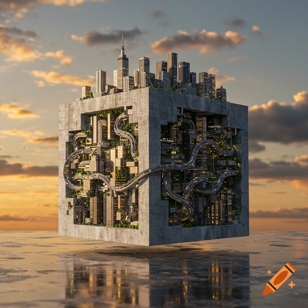 A concrete cube containing a detailed cityscape with highways and buildings, reflected on a wet surface under a sunset sky.