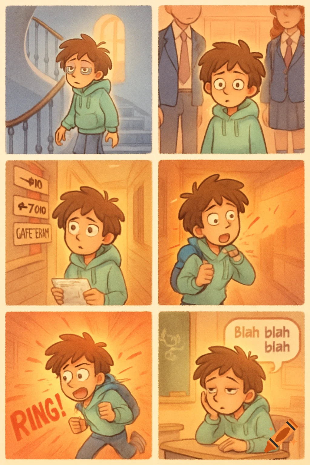 A six-panel cartoon comic strip showing a student's stressful day at school, from waking up tired to running late and being bored in class.