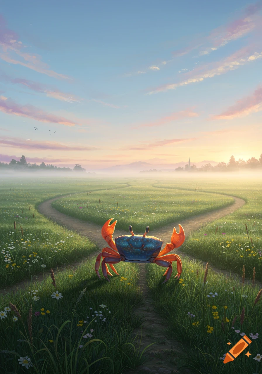 A blue and orange crab stands on a dirt path, which forks into two, in a misty green field at sunrise.