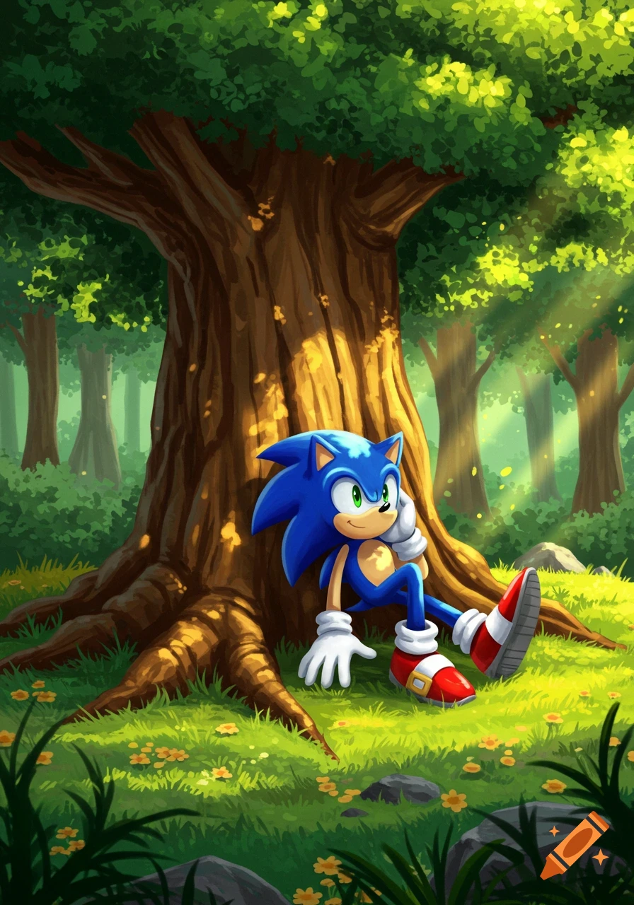 Sonic the Hedgehog sits relaxed under a large, sunlit tree in a vibrant green forest, illustrated in a cartoon style.