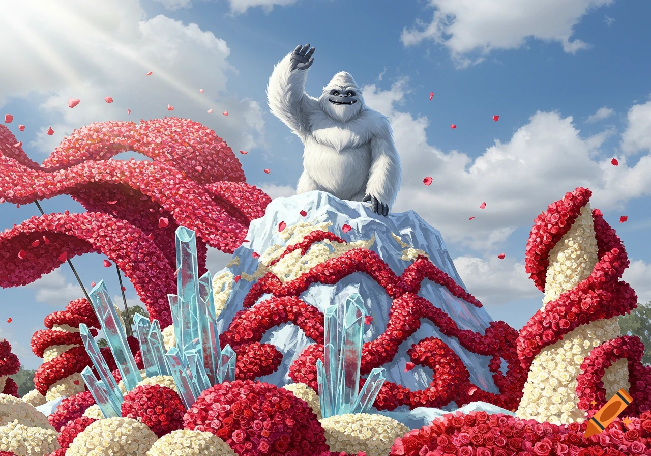 A friendly white Yeti waves from a parade float covered in red and white roses, with blue ice crystals under a sunny sky.