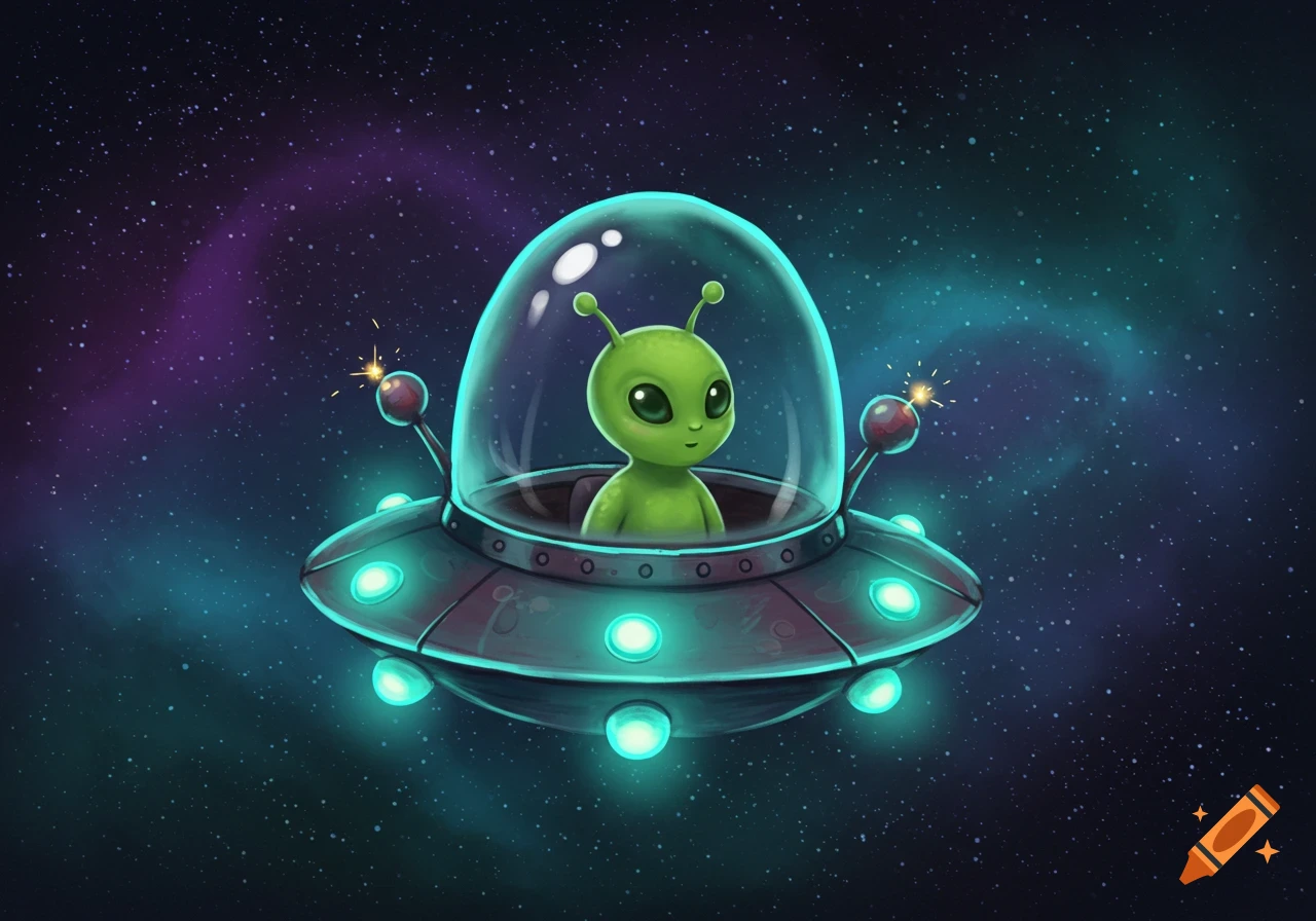 A cute green alien with large eyes in a glowing blue and silver spaceship floats through a starry purple and blue galaxy.