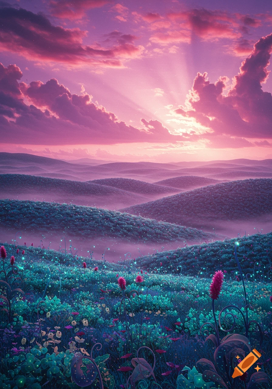 Vibrant, ethereal landscape with rolling hills, glowing teal and purple flora, and a dramatic pink sunset sky.