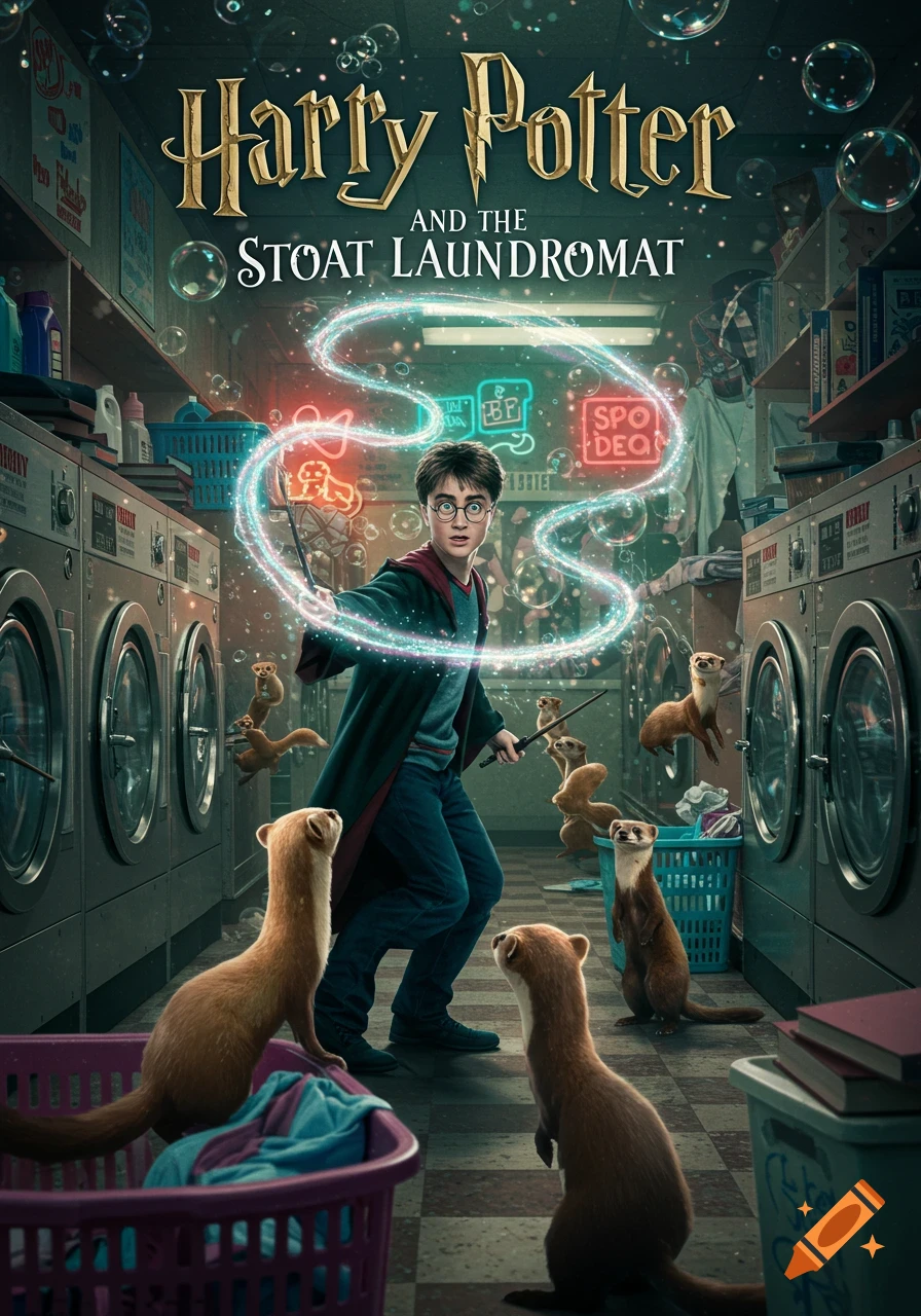 Harry Potter, wand in hand, casts a glowing spell in a chaotic laundromat filled with playful stoats, with the book title 'Harry Potter and the Stoat Laundromat' at the top.