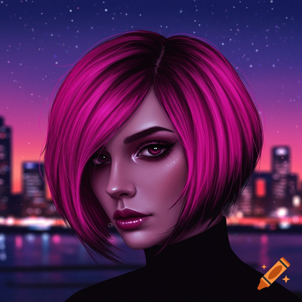 Digital portrait of a woman with vibrant pink bob-cut hair and striking makeup, against a blurred neon cityscape at night.