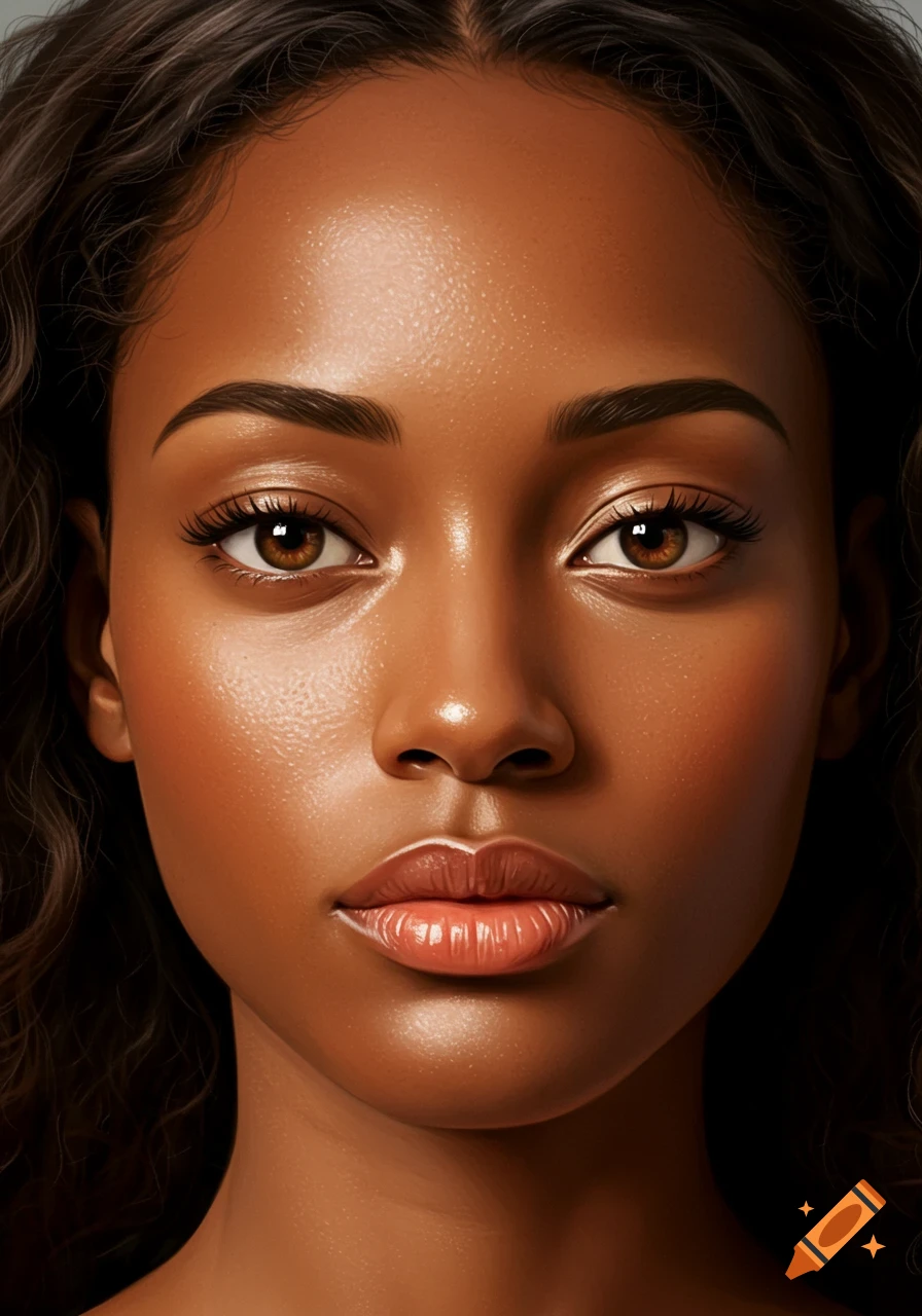 Hyper-realistic close-up portrait of a young woman with warm brown skin, dark wavy hair, and soft rose-peach lips.