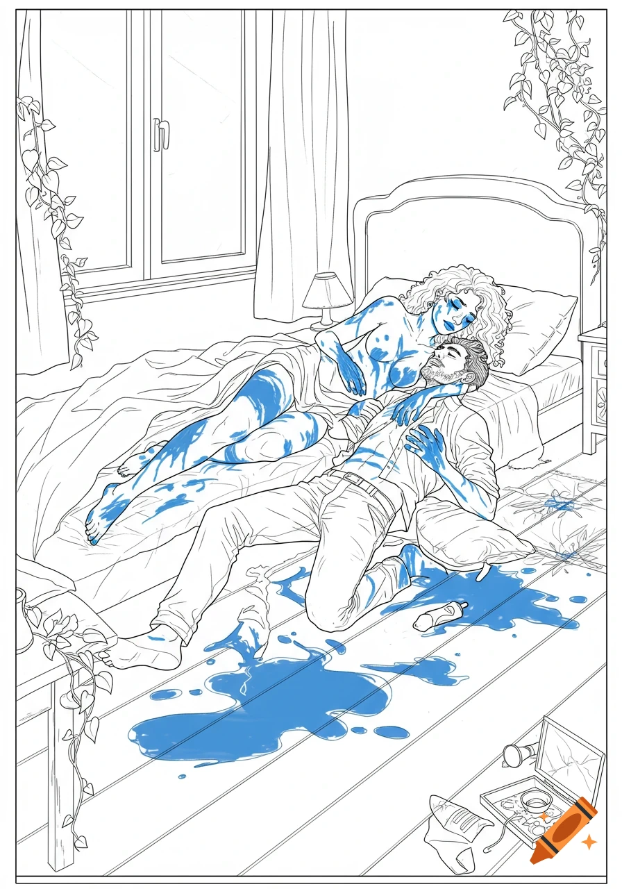 Line art drawing of a man and partially undressed woman, both covered in blue paint, lying on a bed in a bedroom with spilled blue paint on the floor.