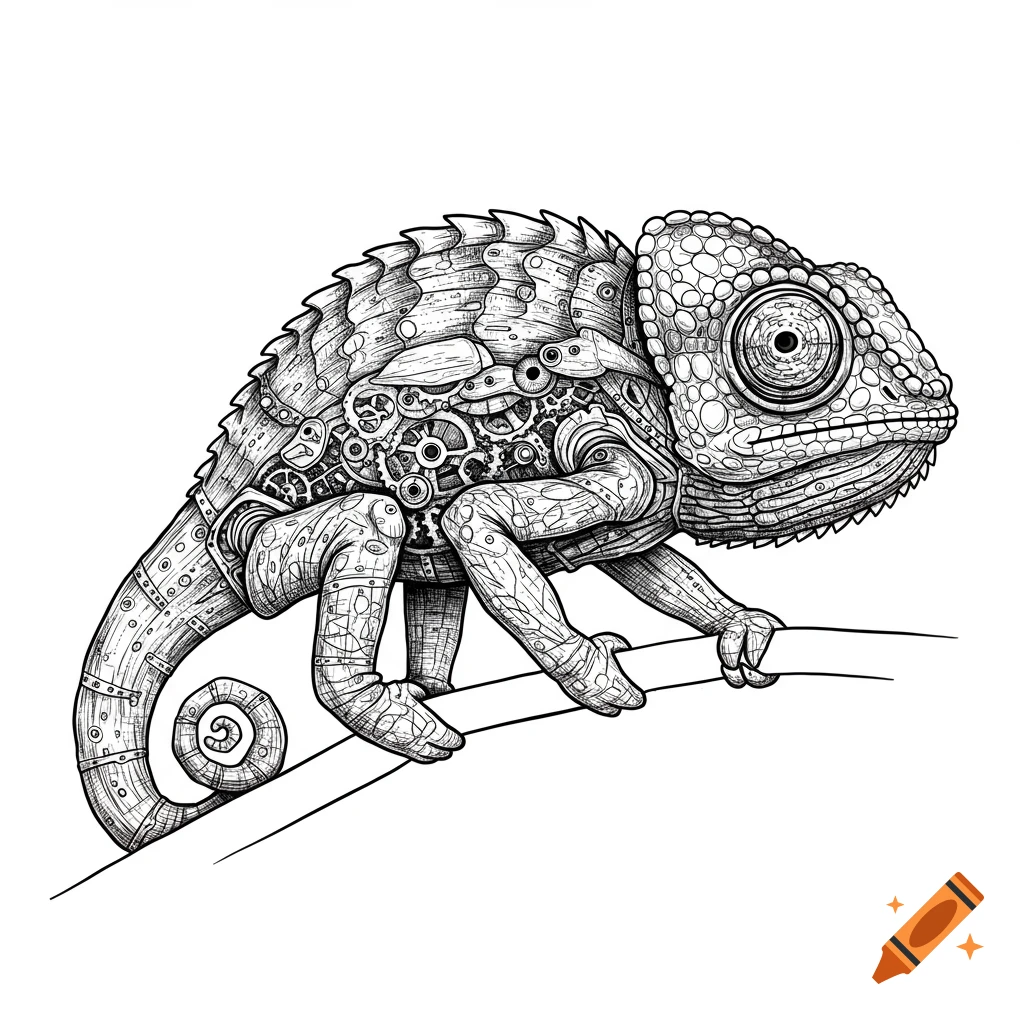 A highly detailed, black and white steampunk chameleon drawing with gears and intricate patterns, perched on a branch.