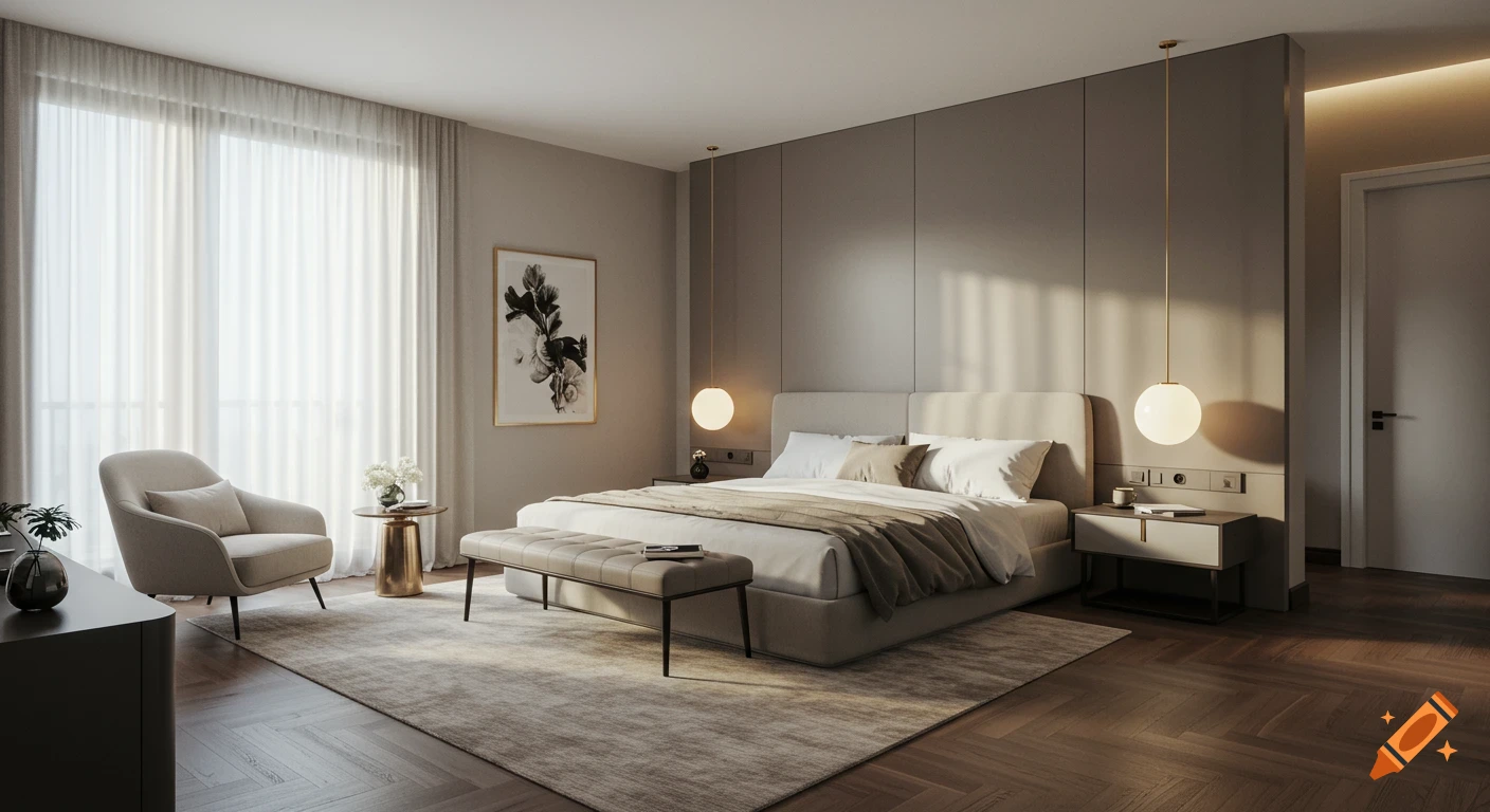 A bright, modern bedroom with a beige bed, a tufted bench, a comfy armchair, and round pendant lights. Sunlight streams through sheer curtains onto herringbone wood floors.