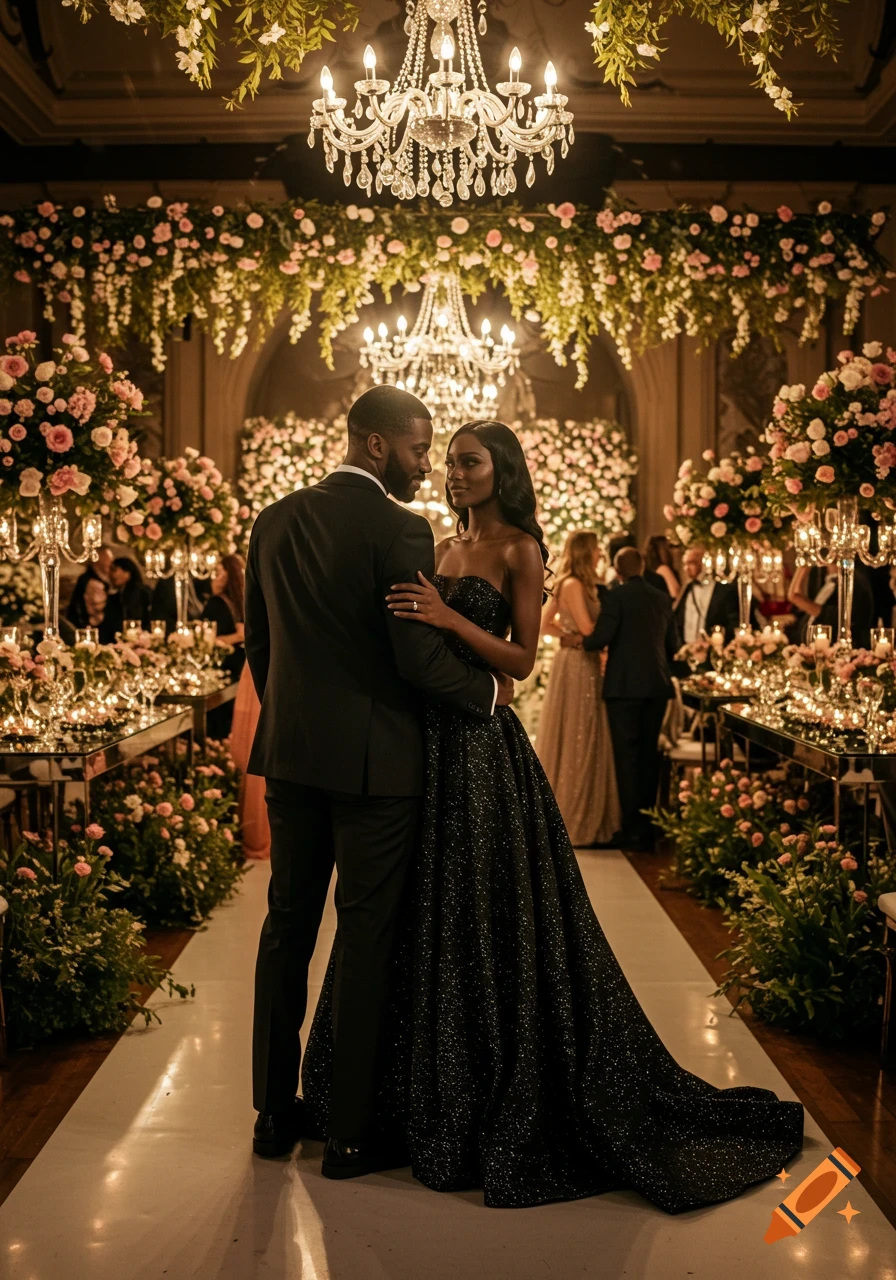 A photorealistic full shot of a couple in formal wear at a luxurious wedding reception with chandeliers and floral decorations.